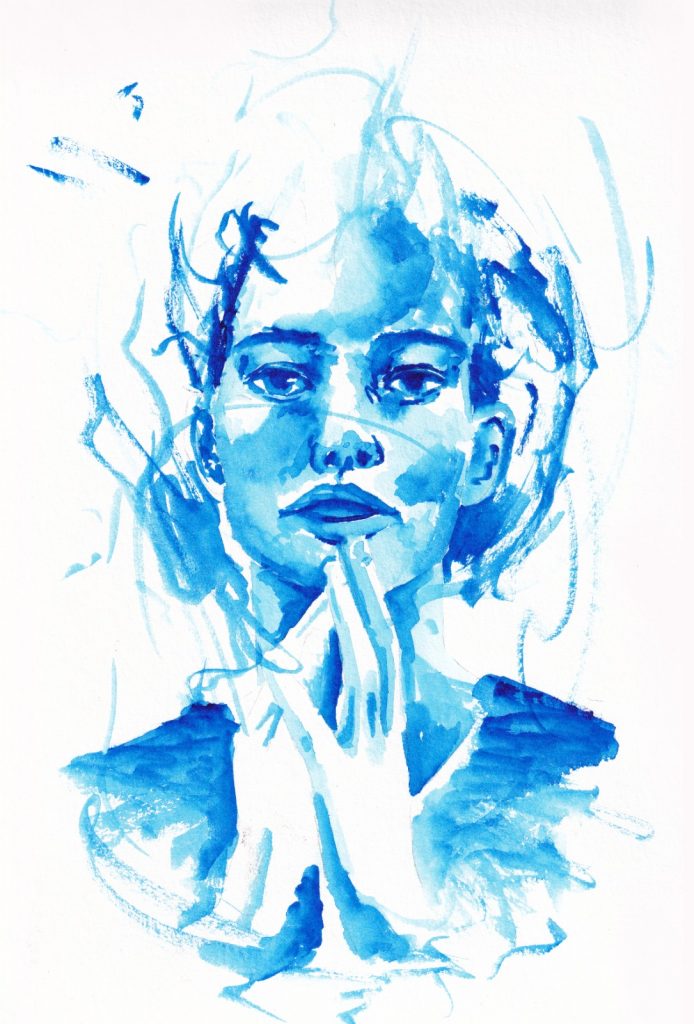 traditionelle Zeichnung - Aquarell Porträt Frau blau - Karina May