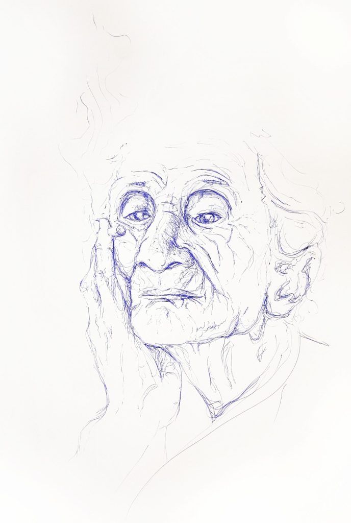 traditionelle Zeichnung Portfolio - Kugelschreibung alte Frau mit Zigarette - rauchende Oma - Karina May