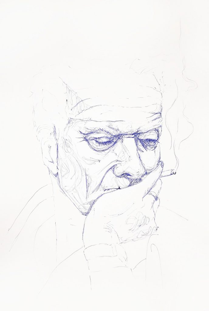 traditionelle Zeichnung - Kugelschreiber - alter Mann mit Zigarette - Rauchender Opa