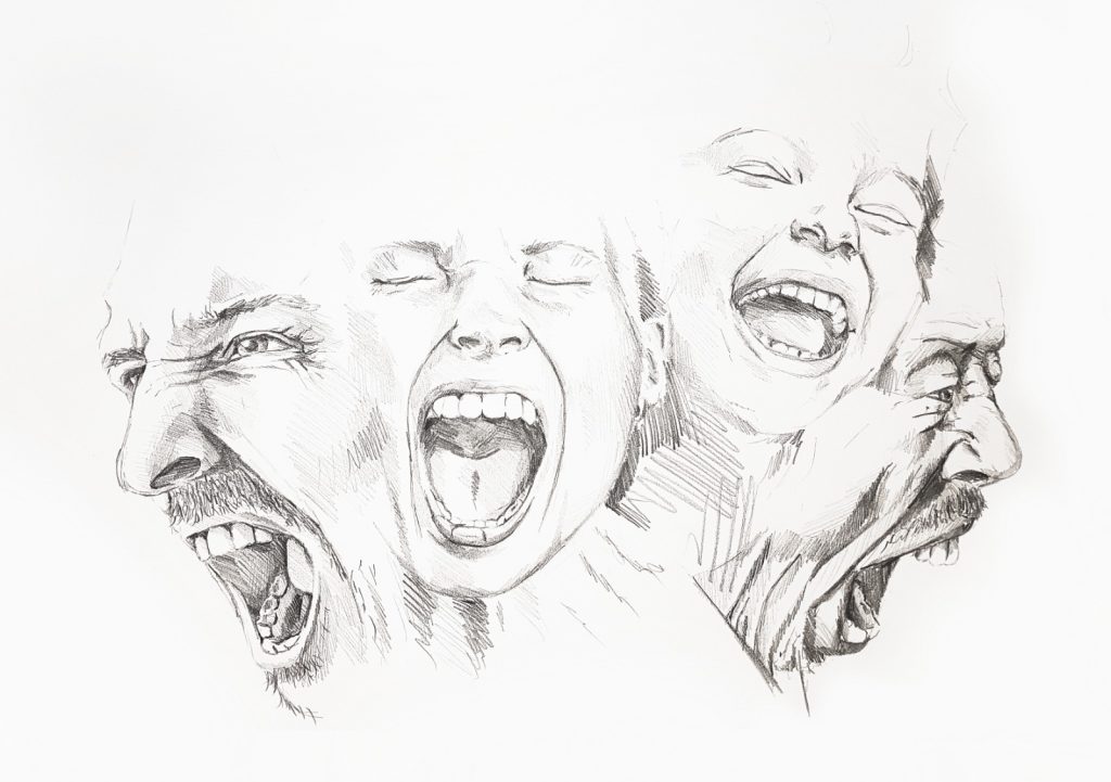 traditionelle Zeichnung - Bleistift schreiende Gesichter - Kinderlachen Familie - Karina May