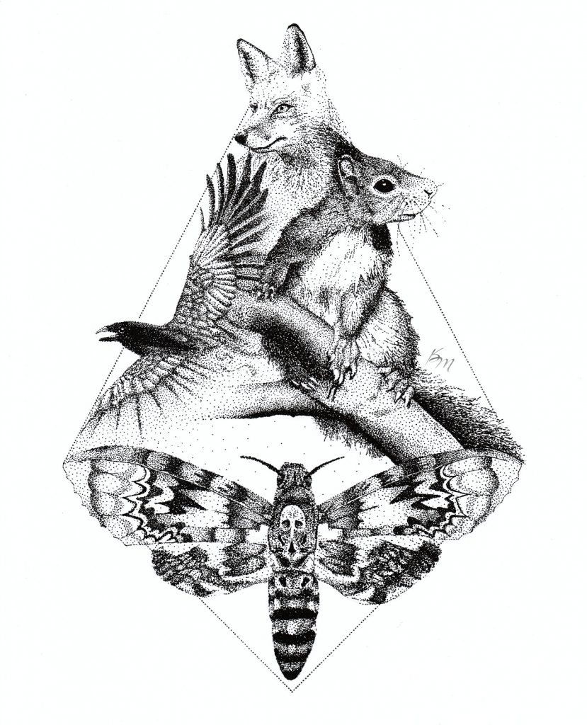 traditionelle Zeichnung - Dotwork Fineliner Waldtiere Rabe Motte Eichhörnchen Fuchs - Karina May