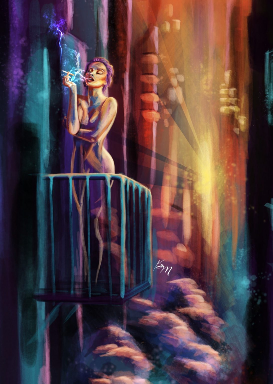 Portfolio digitale Zeichnung - nackte rauchende Frau auf Balkon - Karina May